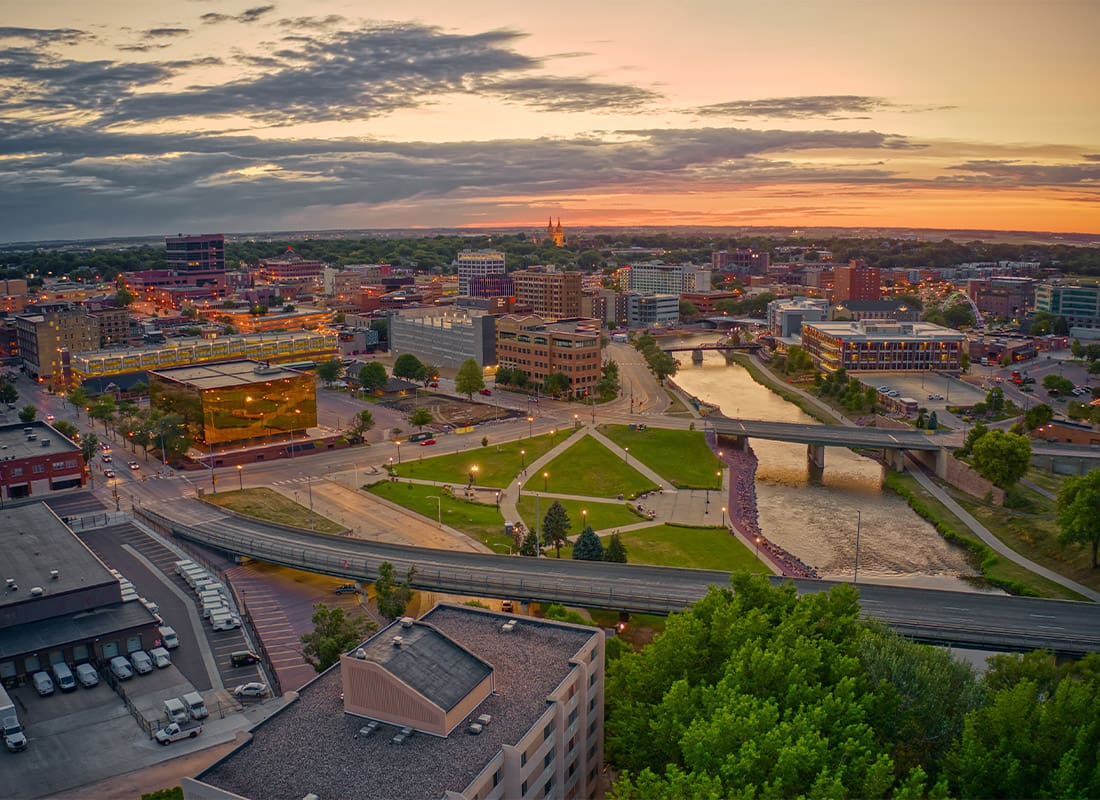 Fargo. ND - Aerial View of Sioux Falls, South Dakota at Sunset